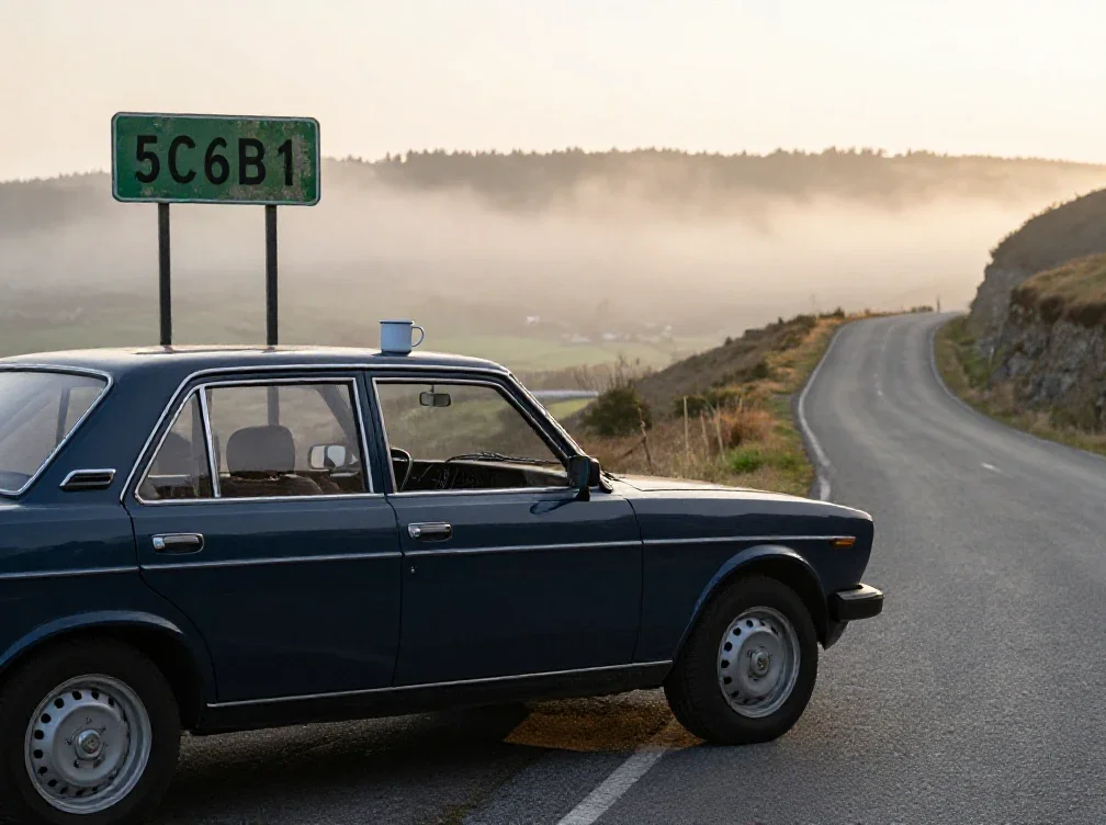 Une berline ancienne face à un horizon brumeux évoquant la compréhension et l'analyse automobile.