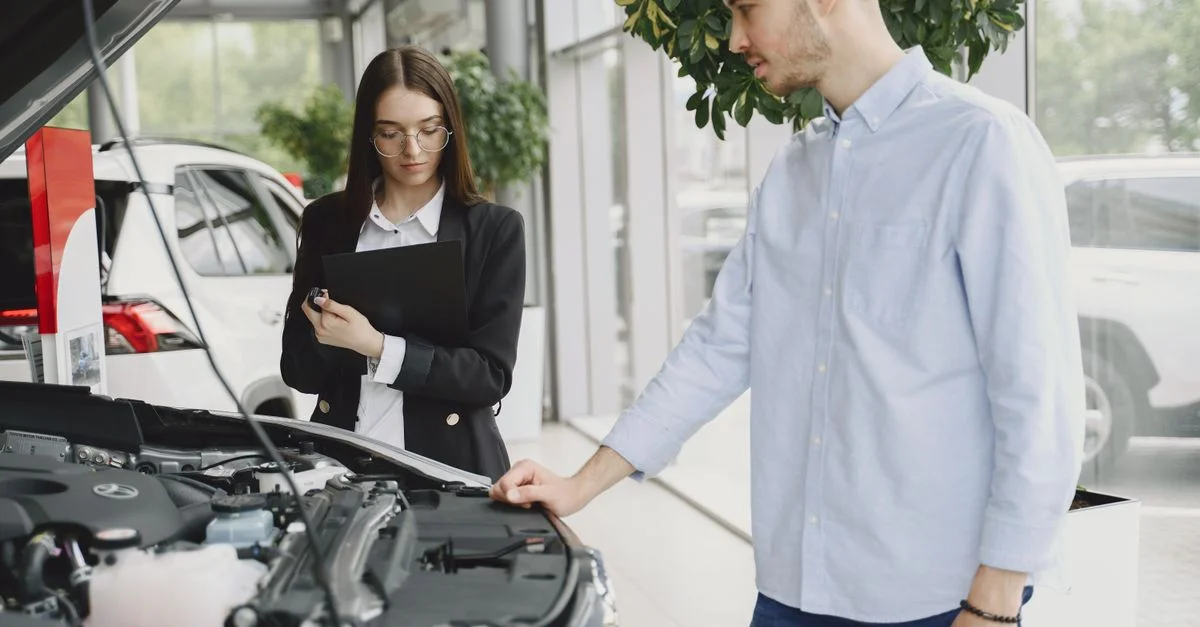 Homme et femme examinant le moteur de la voiture dans la zone de service du concessionnaire, axé sur l'entretien et la fonctionnalité du véhicule.