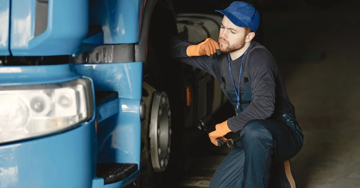 Mécanicien pensif examinant une roue de camion pour maintenance dans un garage intérieur.